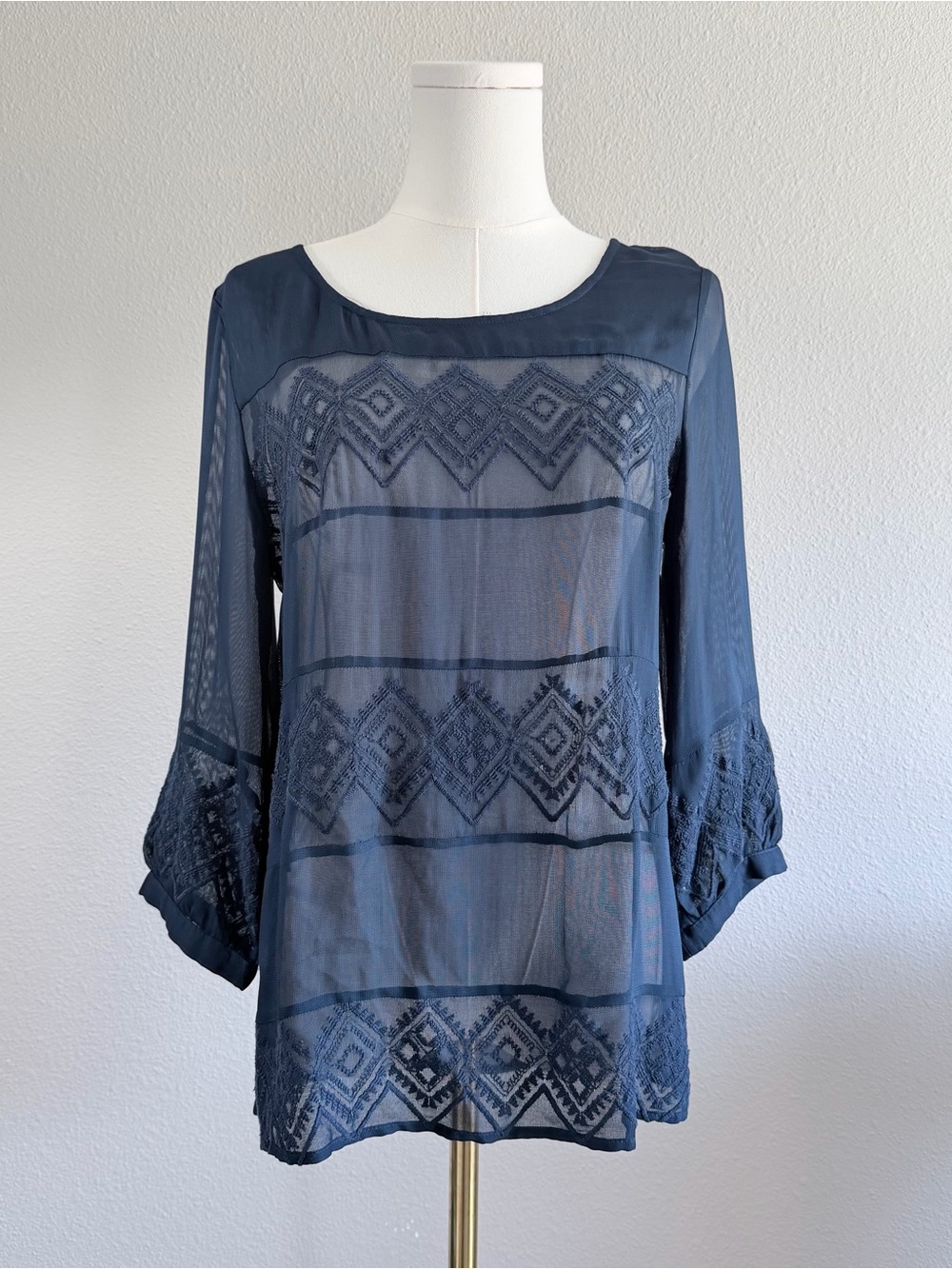 Navy Blue Sheer Embroidered Mesh Boho Blouse Small 3/4 Sleeve Top